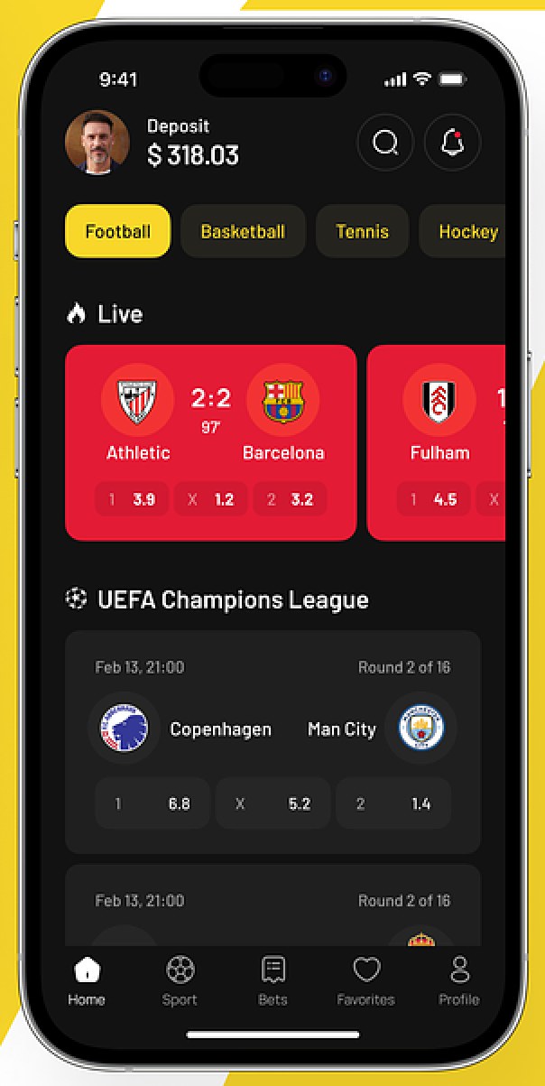 Tela inicial do aplicativo Bet, em tema escuro, com saldo, filtros por esporte, cartões de jogos ao vivo e próximas partidas