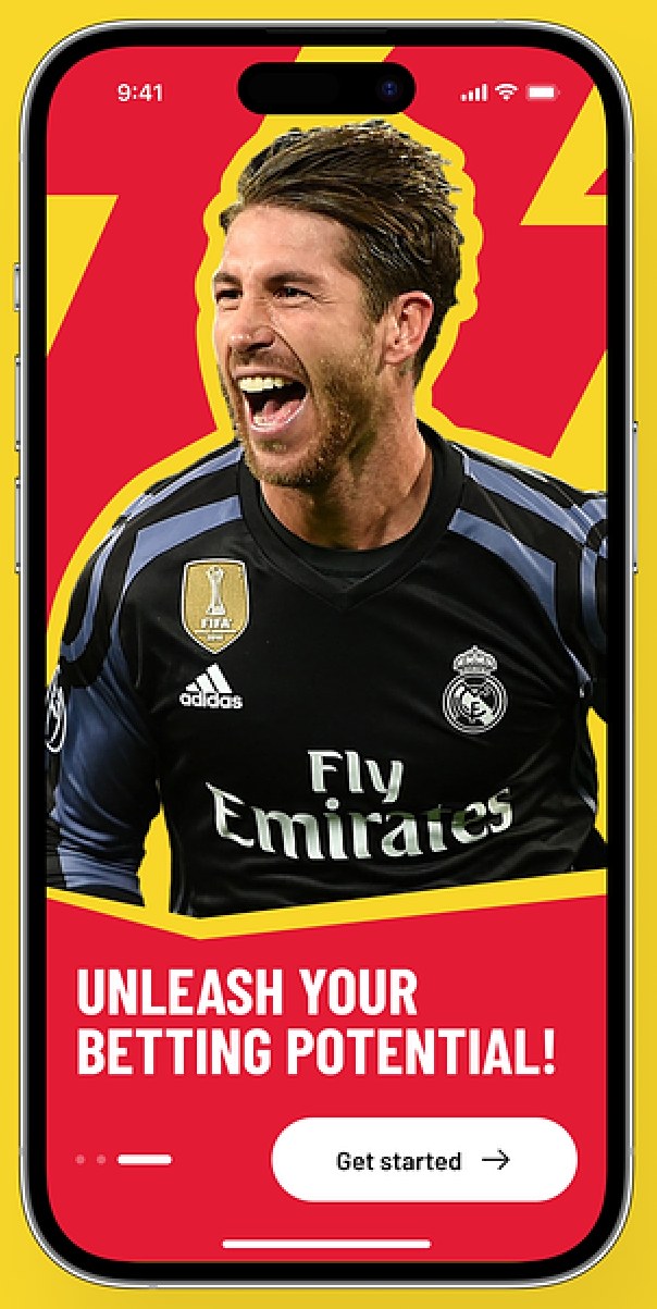 Tela de abertura do aplicativo Bet, em vermelho e amarelo, com a foto de um jogador, uma chamada em letras grandes e o botão Get started