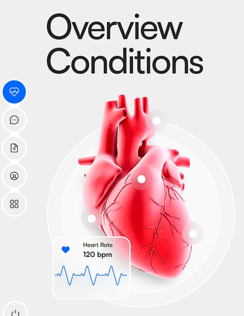 Detalhe do coração em 3D do Diagnose, com o título Overview Conditions e o cartão flutuante de frequência cardíaca