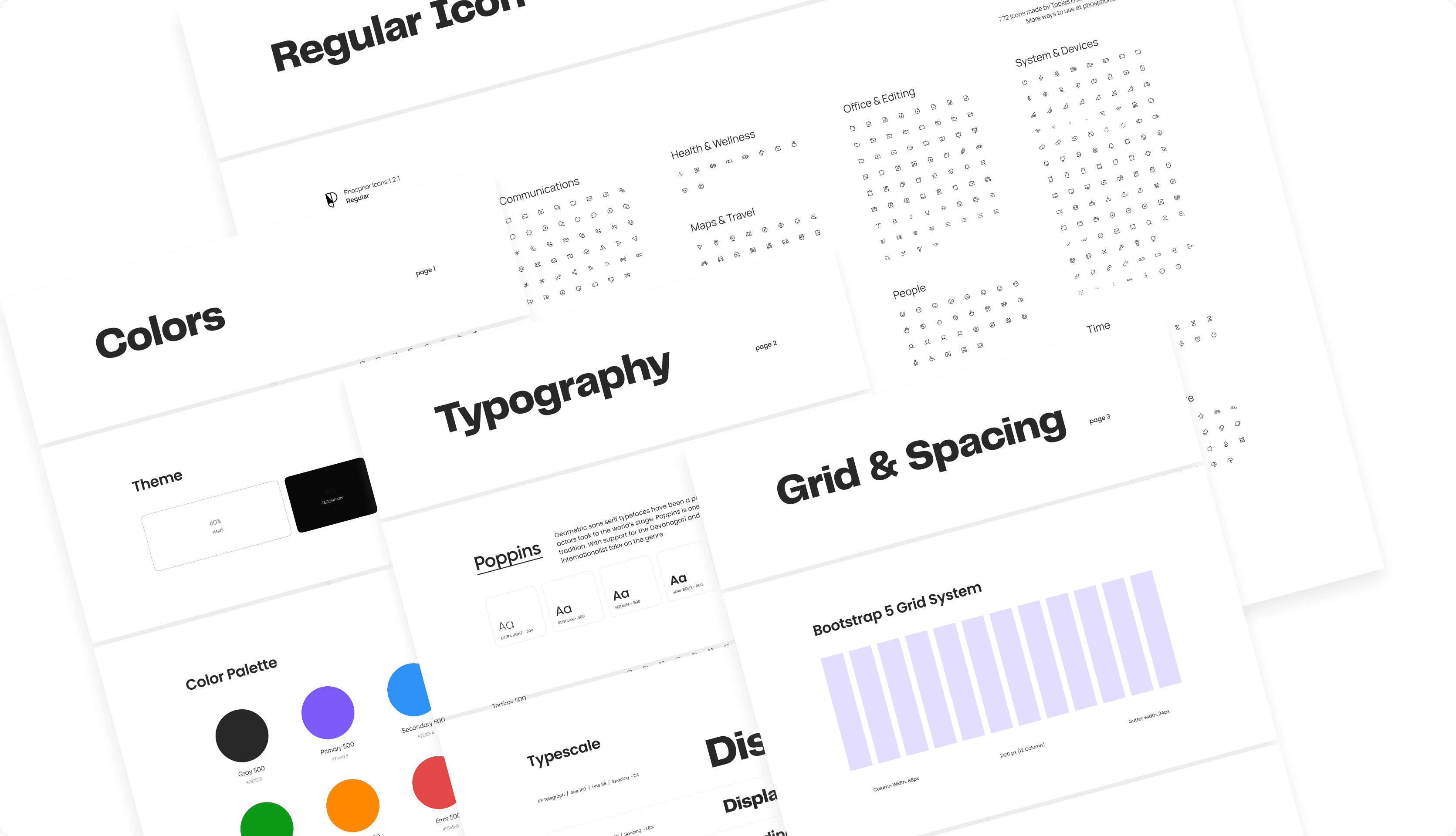 Páginas do guia de estilo do EuGestor: ícones, cores, tipografia e grid
