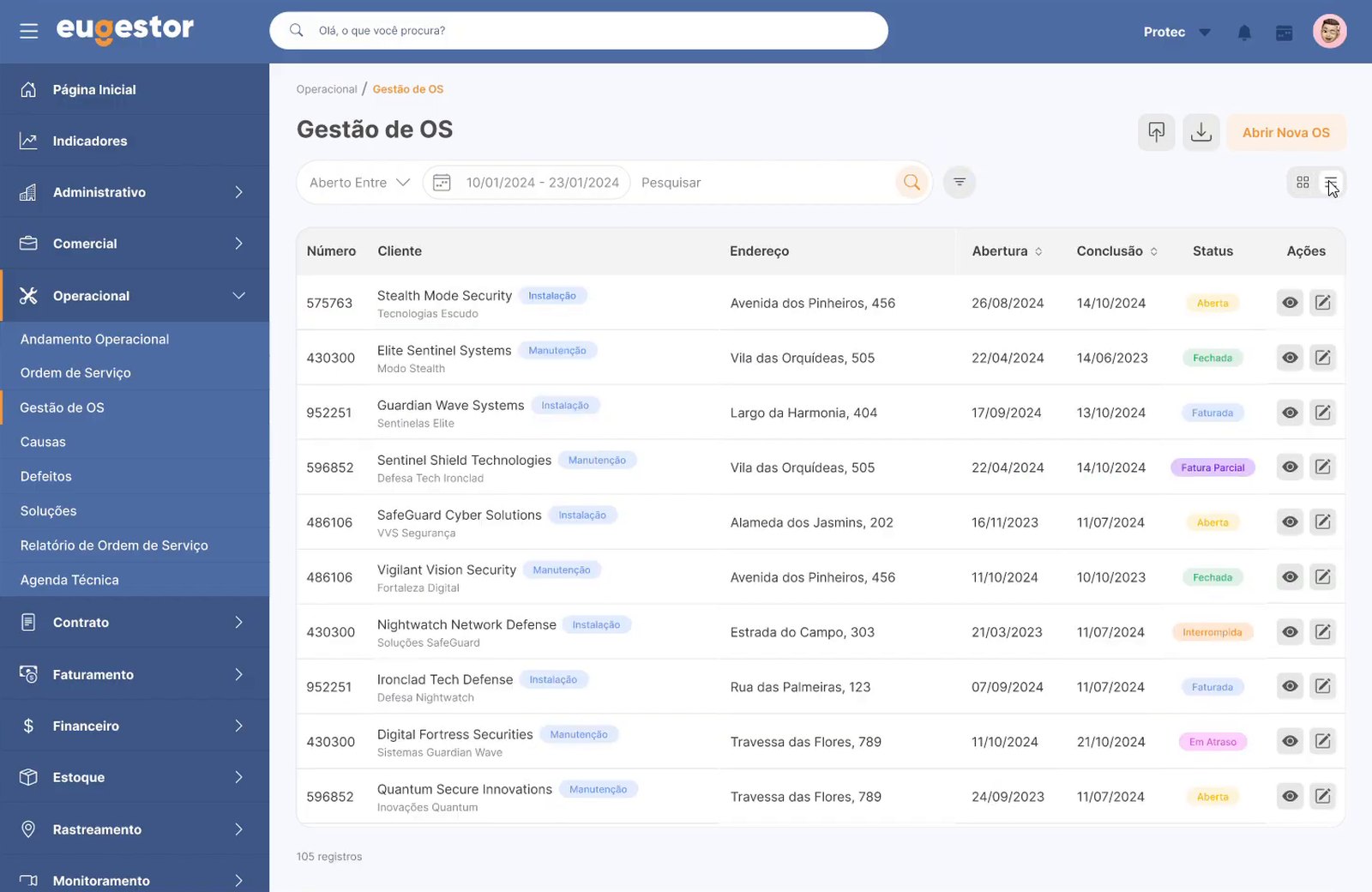 Service orders as a table, with client, address, dates and status of each order