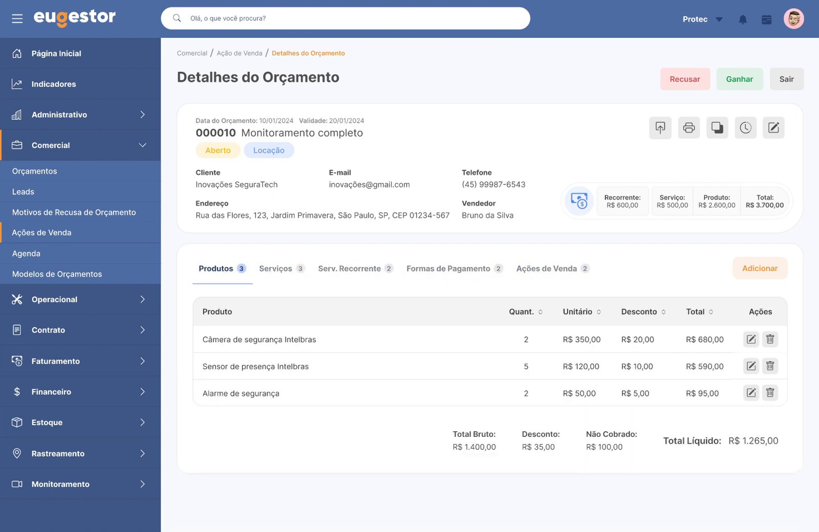 Quote details, with the client data on top and the products in tabs
