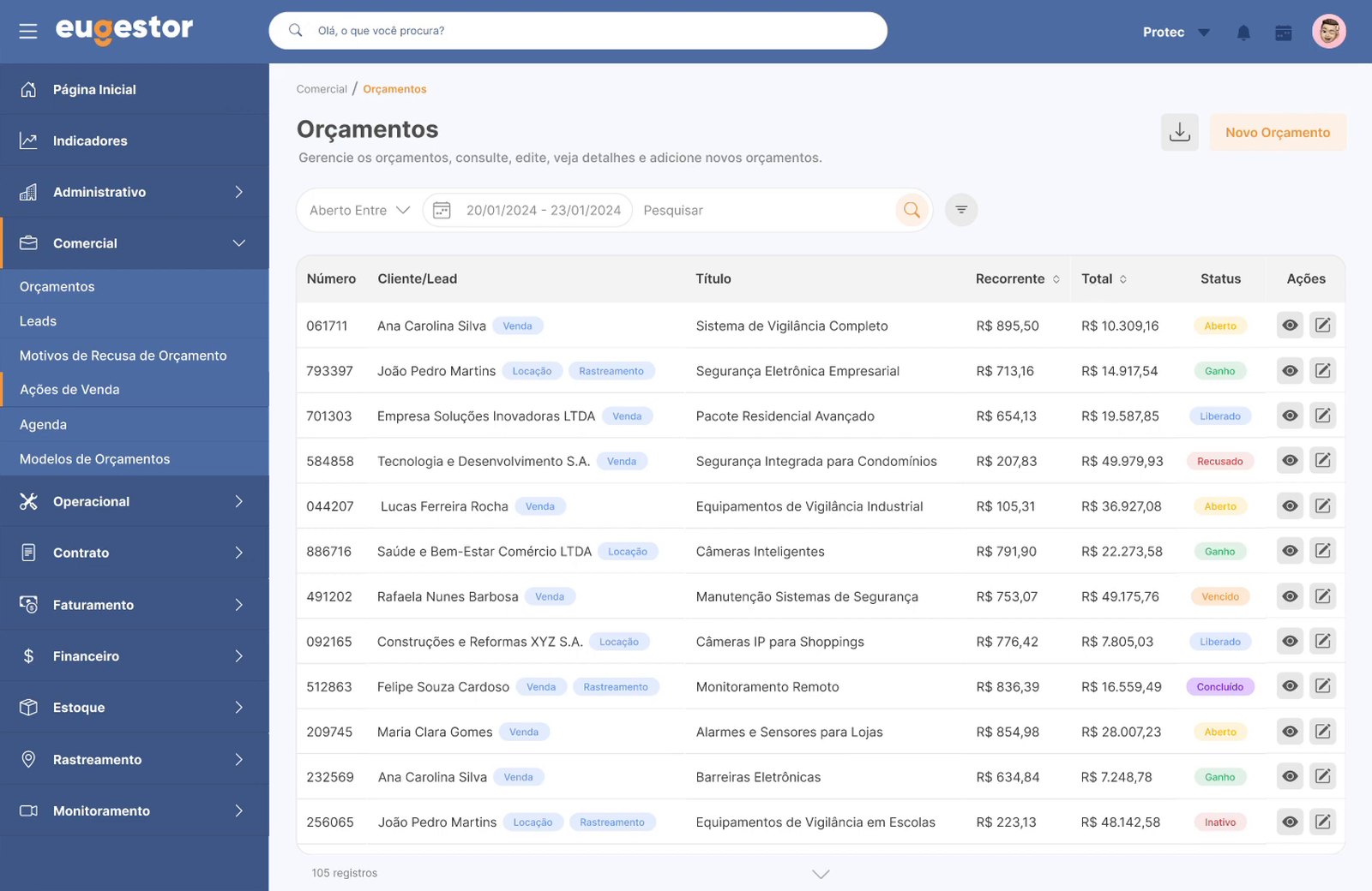 EuGestor quote list, with client, title, amounts and status of each quote