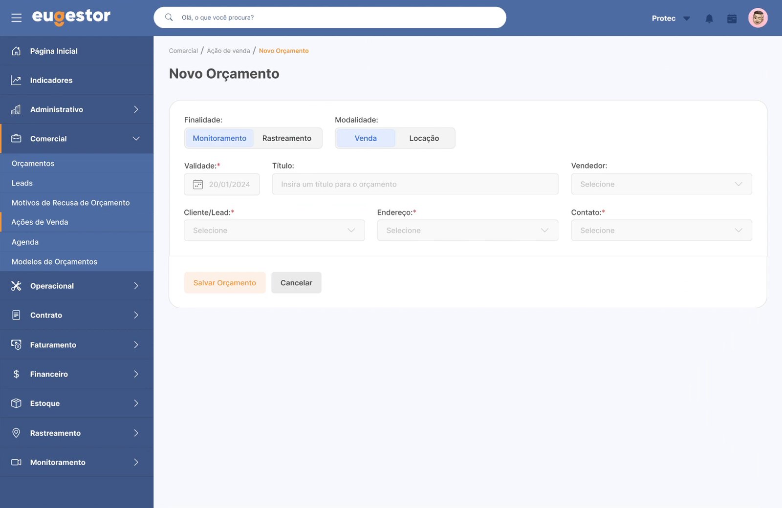 New quote screen with only the essential fields: purpose, type, validity, title, salesperson, client, address and contact