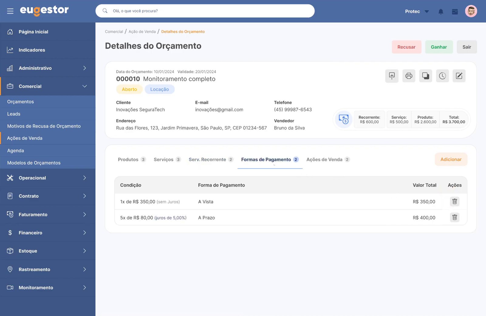 Payment terms tab of the quote, with each condition and its amount
