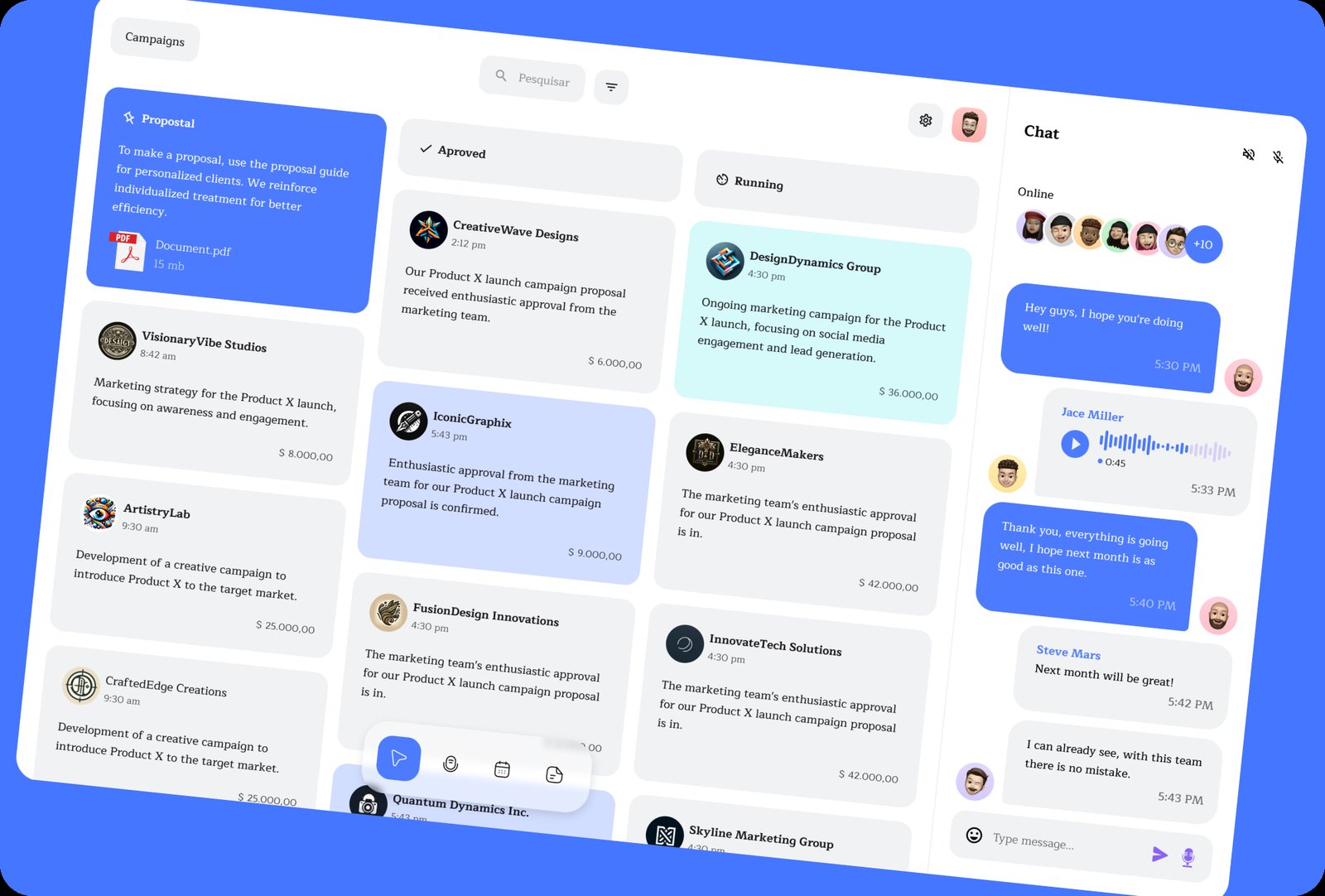 Interface do Kanban Notes em perspectiva, com colunas de propostas e campanhas e o painel de chat, em tema azul