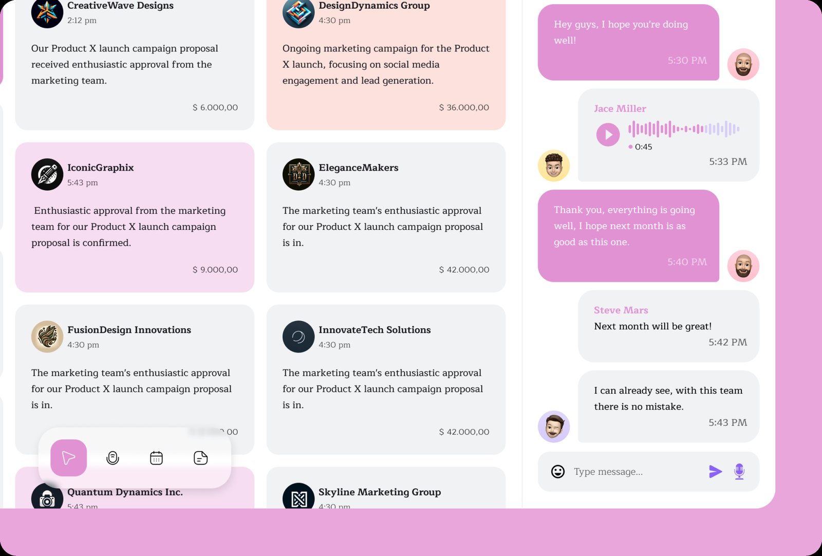 Detalhe dos cartões e do chat do Kanban Notes, com mensagem de áudio