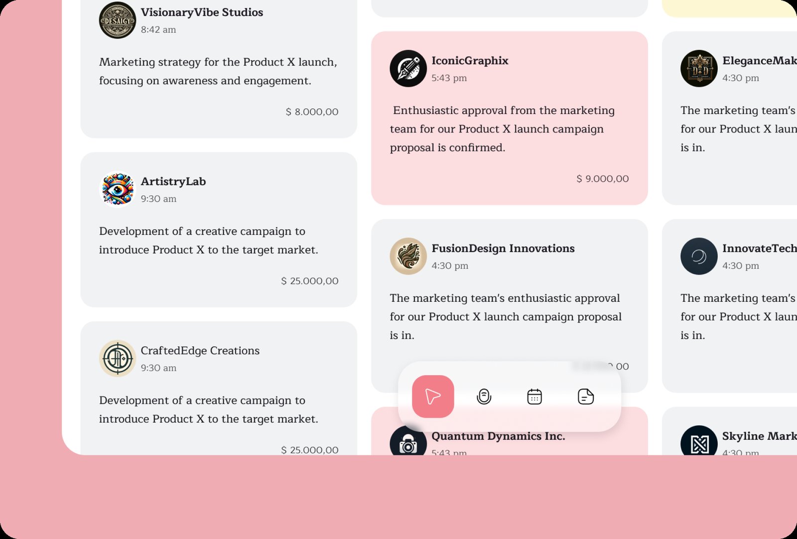 Detalhe da barra flutuante de ferramentas e dos cartões do Kanban Notes