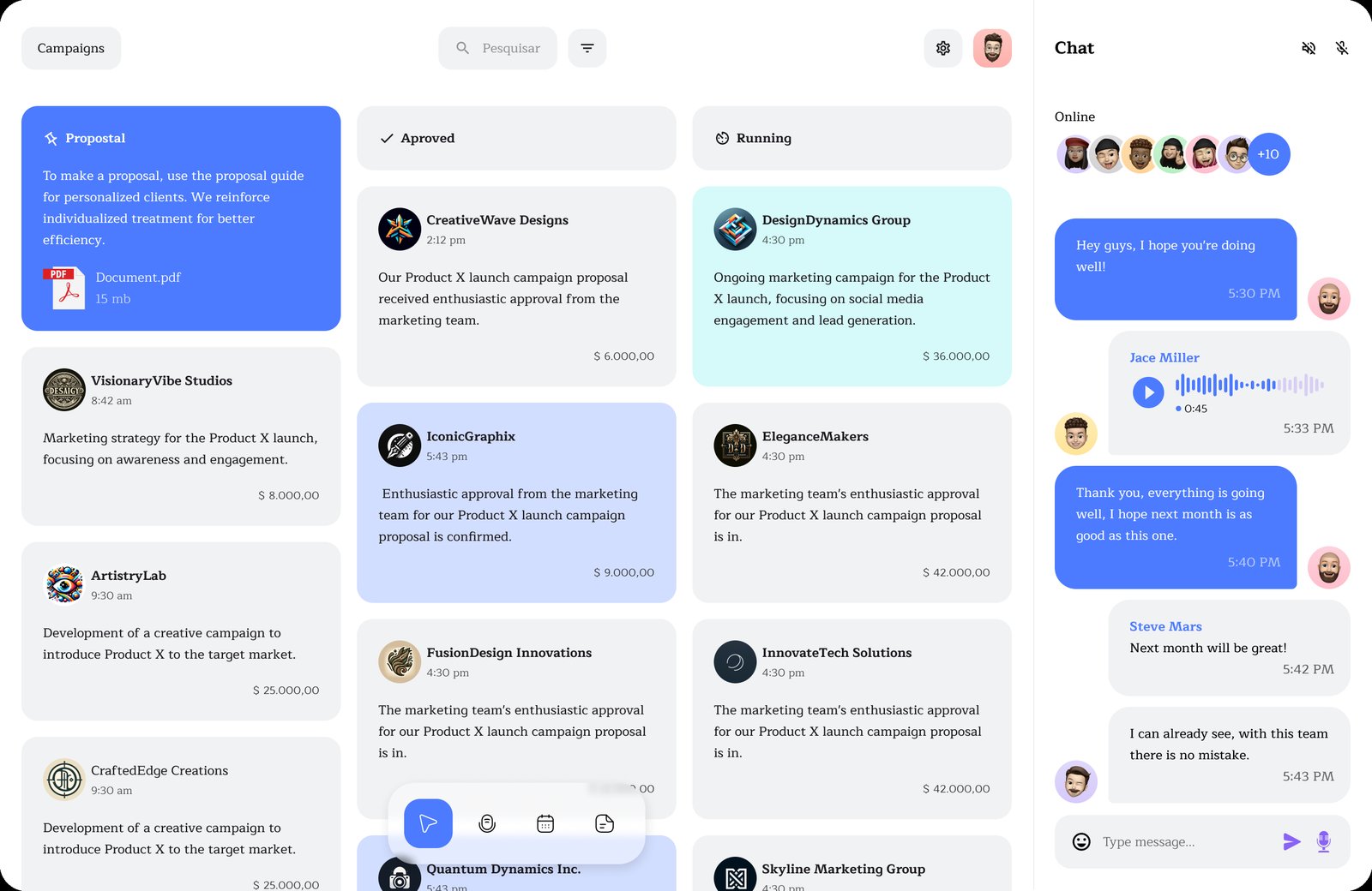 Tela completa do Kanban Notes com as colunas Proposal, Approved e Running e o painel de chat