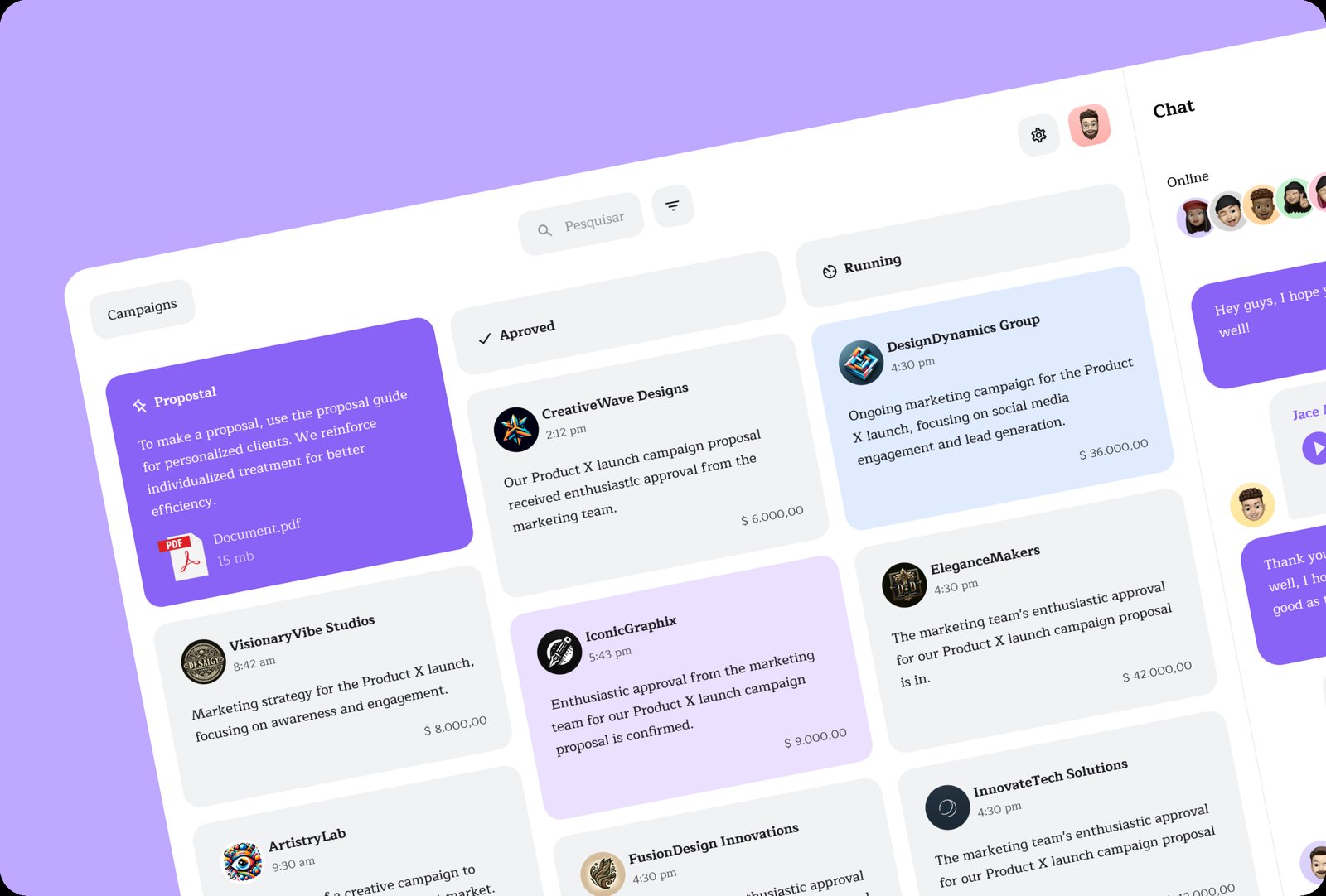 Interface do Kanban Notes em perspectiva, em tema roxo