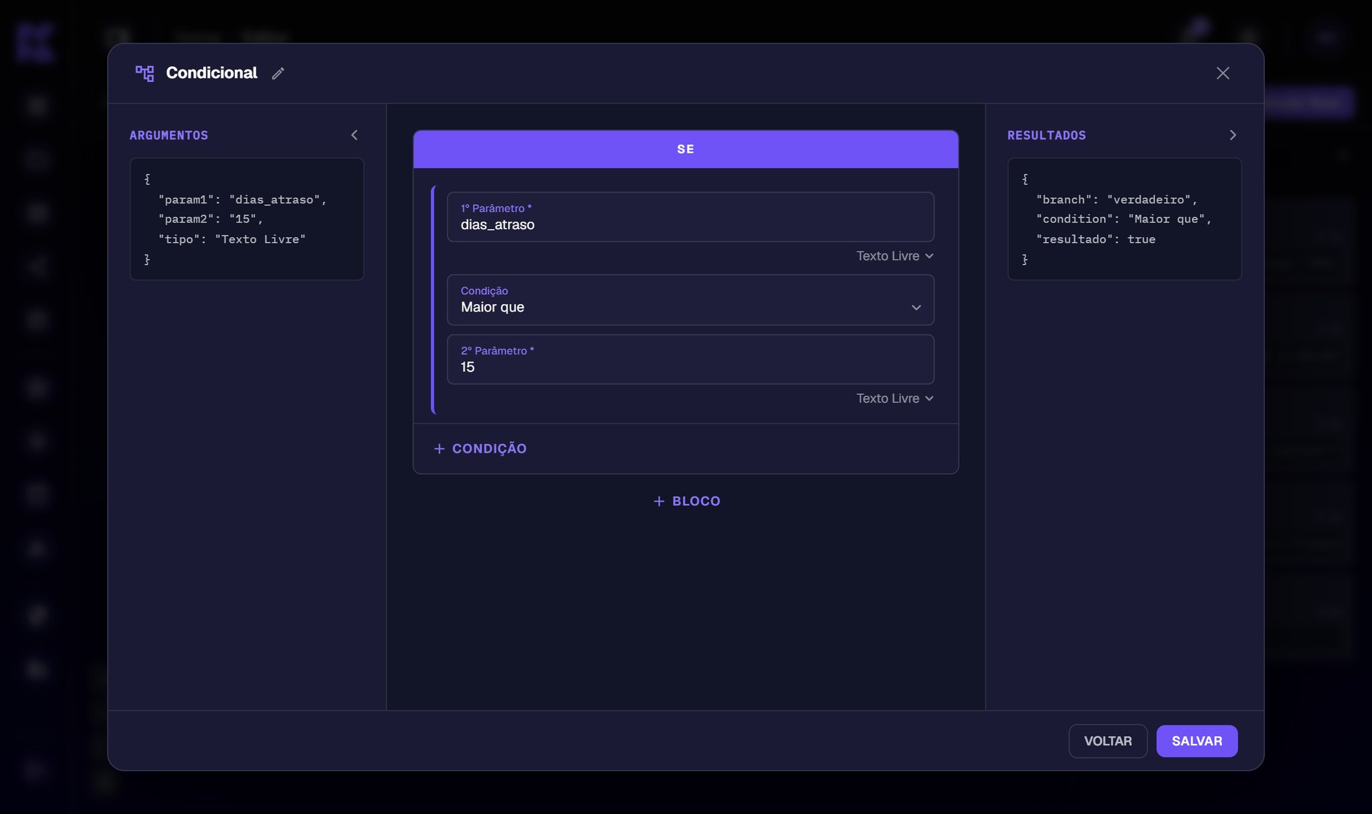 KITT conditional wizard, with the rule in the middle and the last run’s arguments and results on the sides