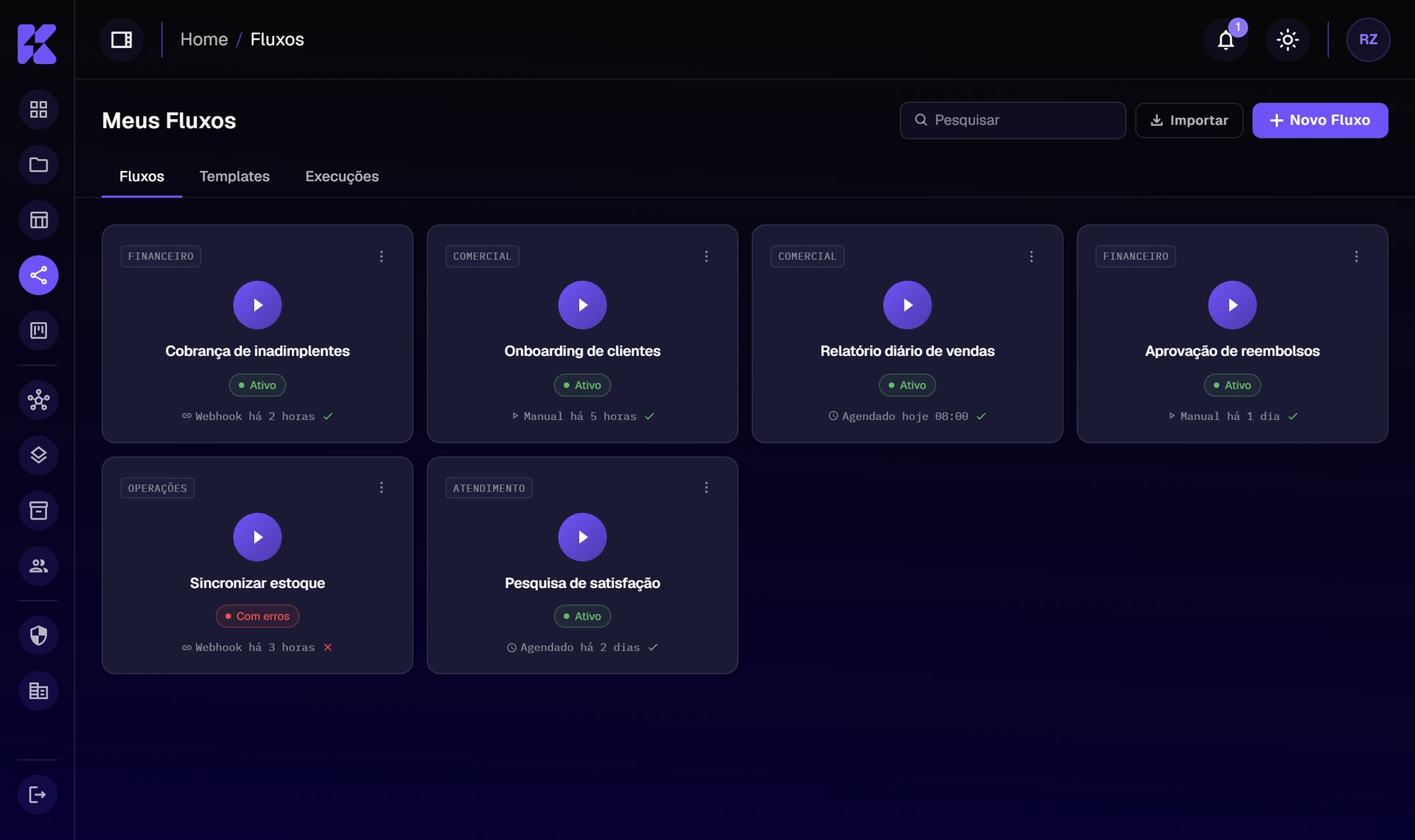 KITT flow list, with cards showing category, status and last trigger