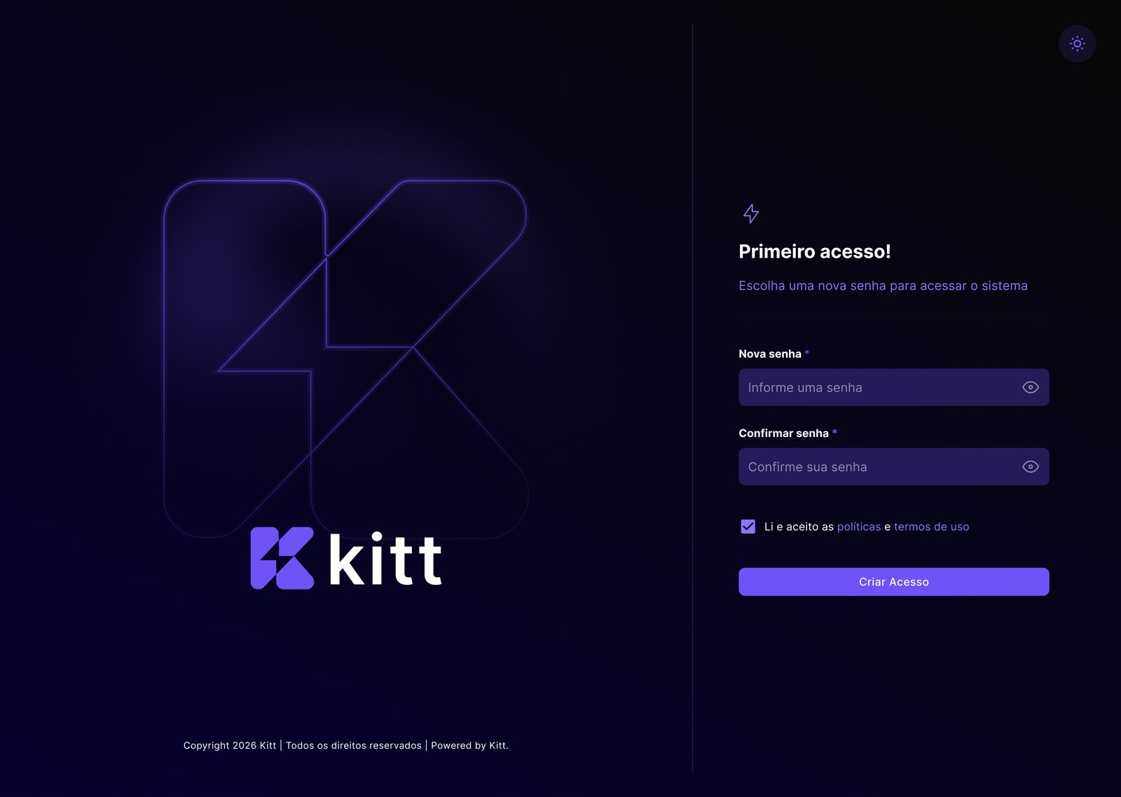 Tela de primeiro acesso do KITT, com criação de senha