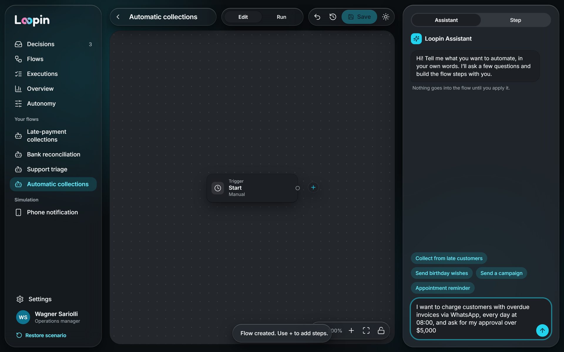 Loopin assistant with the request written in plain language, next to the canvas of a new flow
