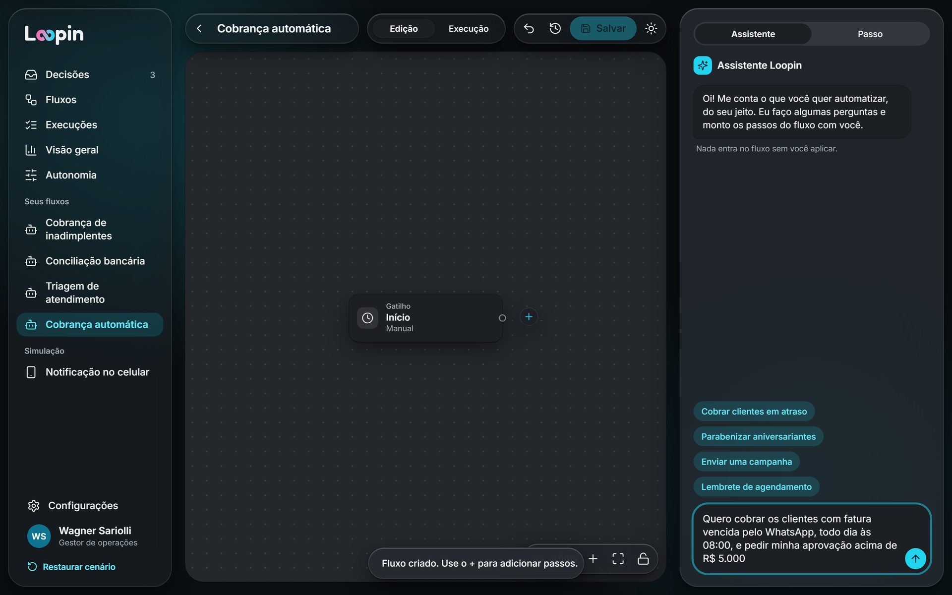 Assistente do Loopin com o pedido escrito em linguagem natural, ao lado do canvas de um fluxo novo