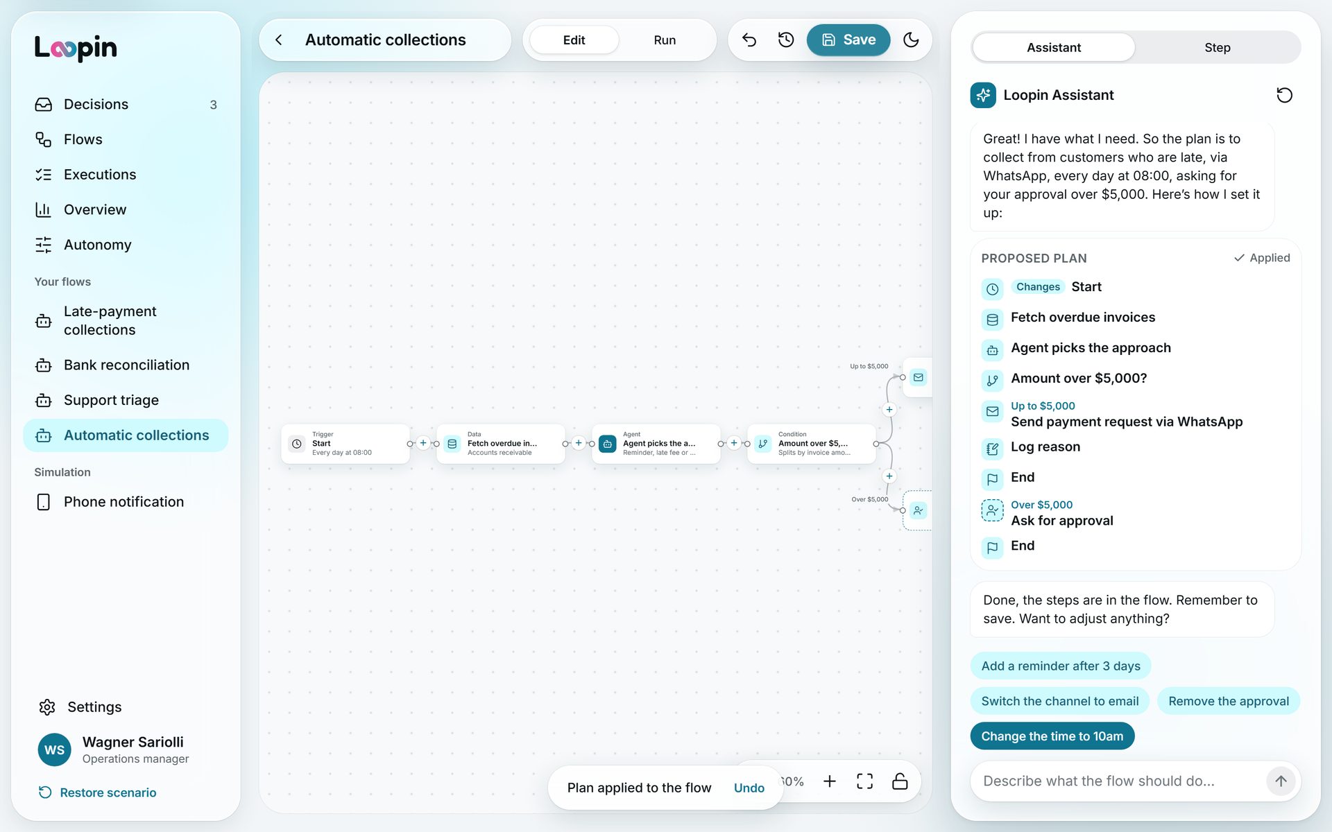 Flow editor with the assistant in light mode