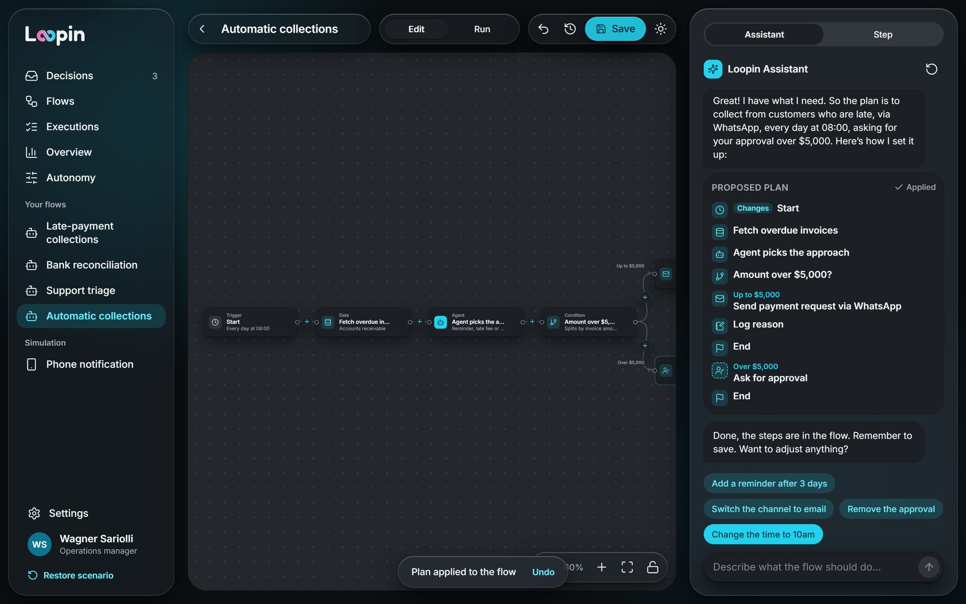 Loopin editor with a collections flow the assistant built from one sentence