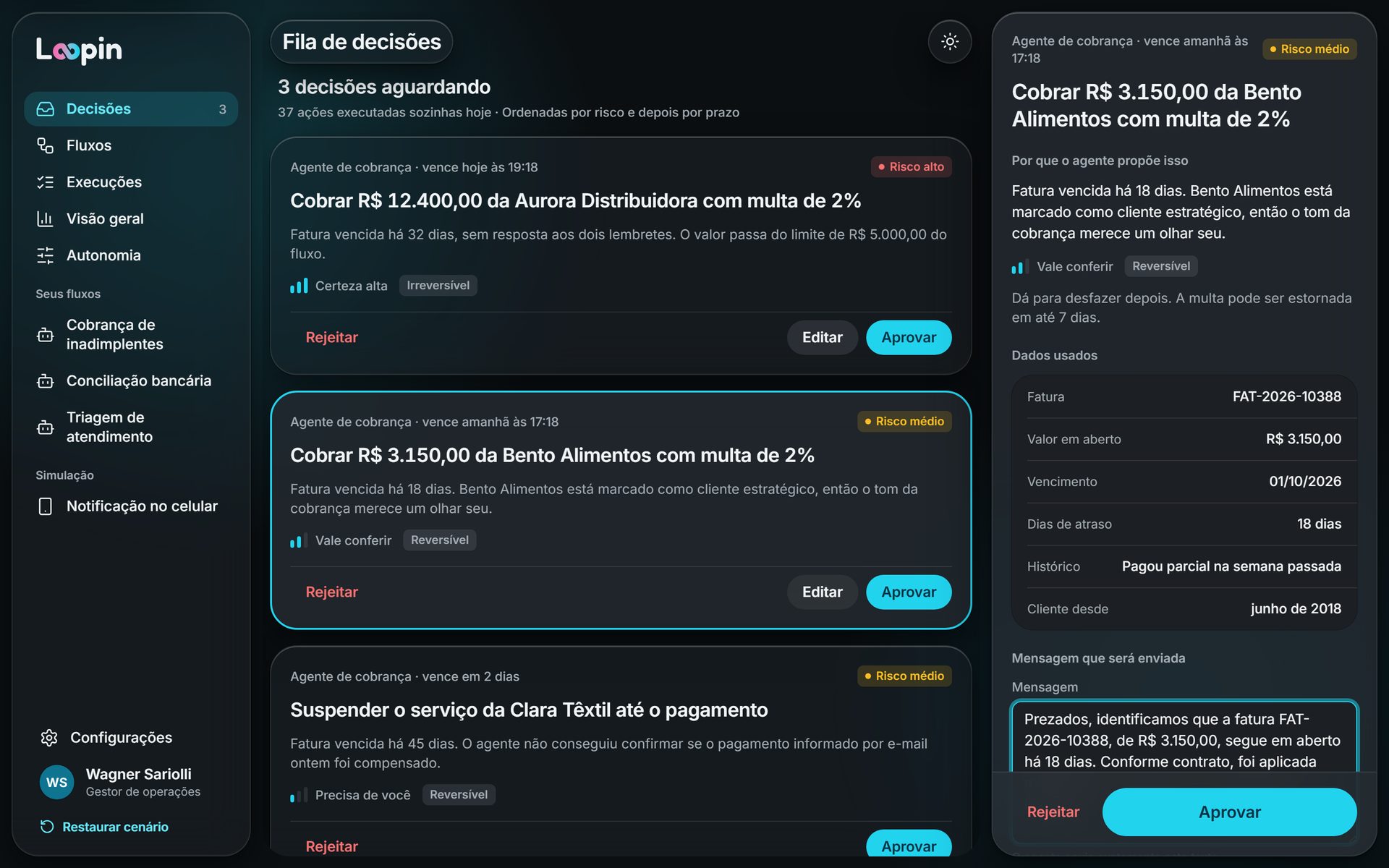 Mensagem ao cliente aberta para edição antes da aprovação