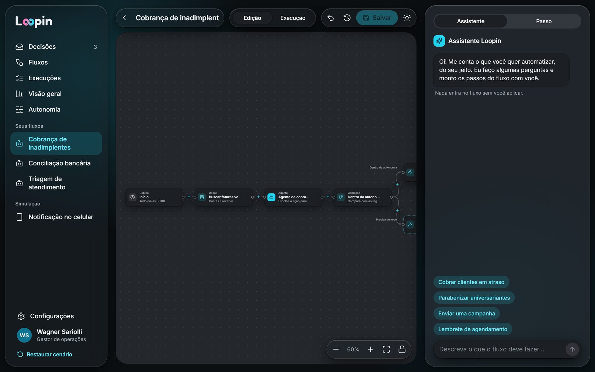 Editor do fluxo de cobrança de inadimplentes, com os passos conectados no canvas