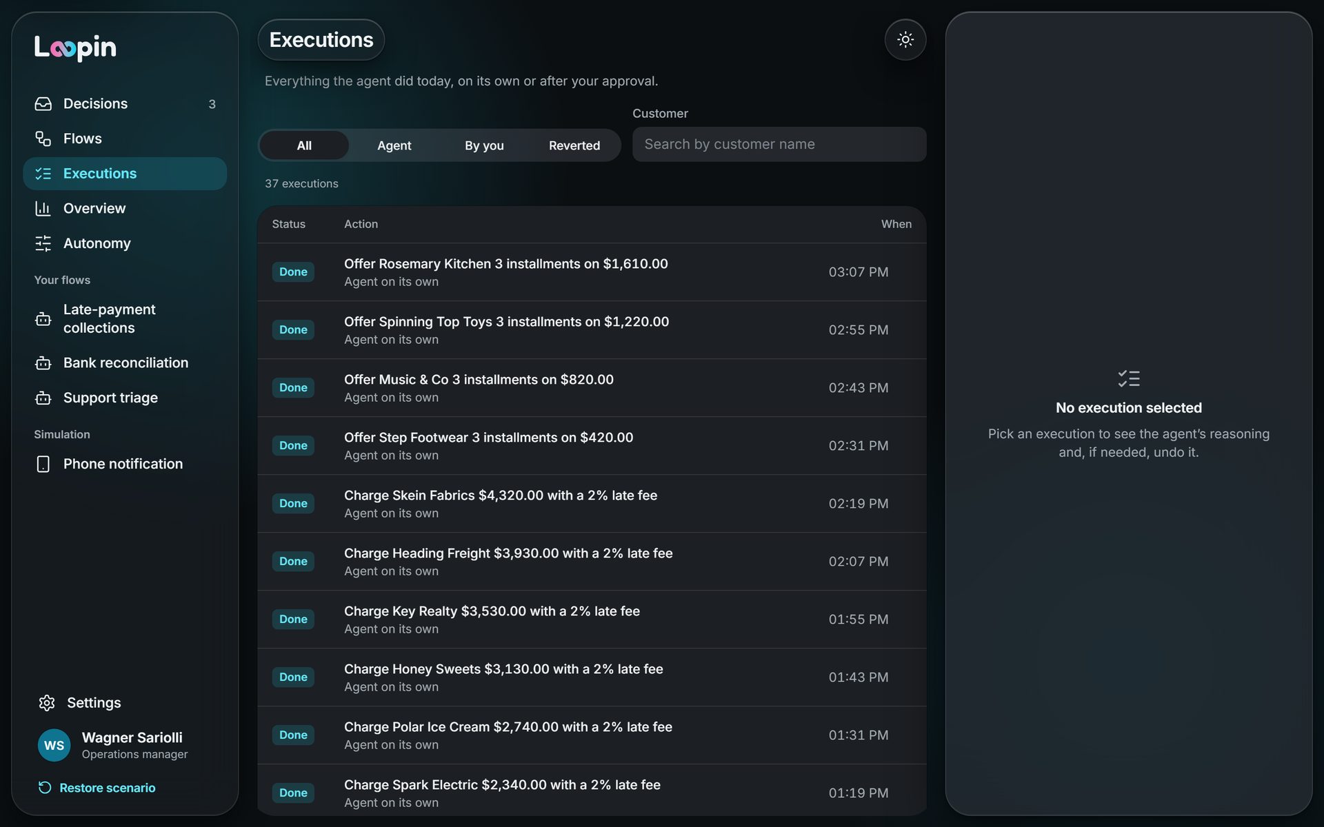 Collections agent runs, with what it did on its own and what a person approved