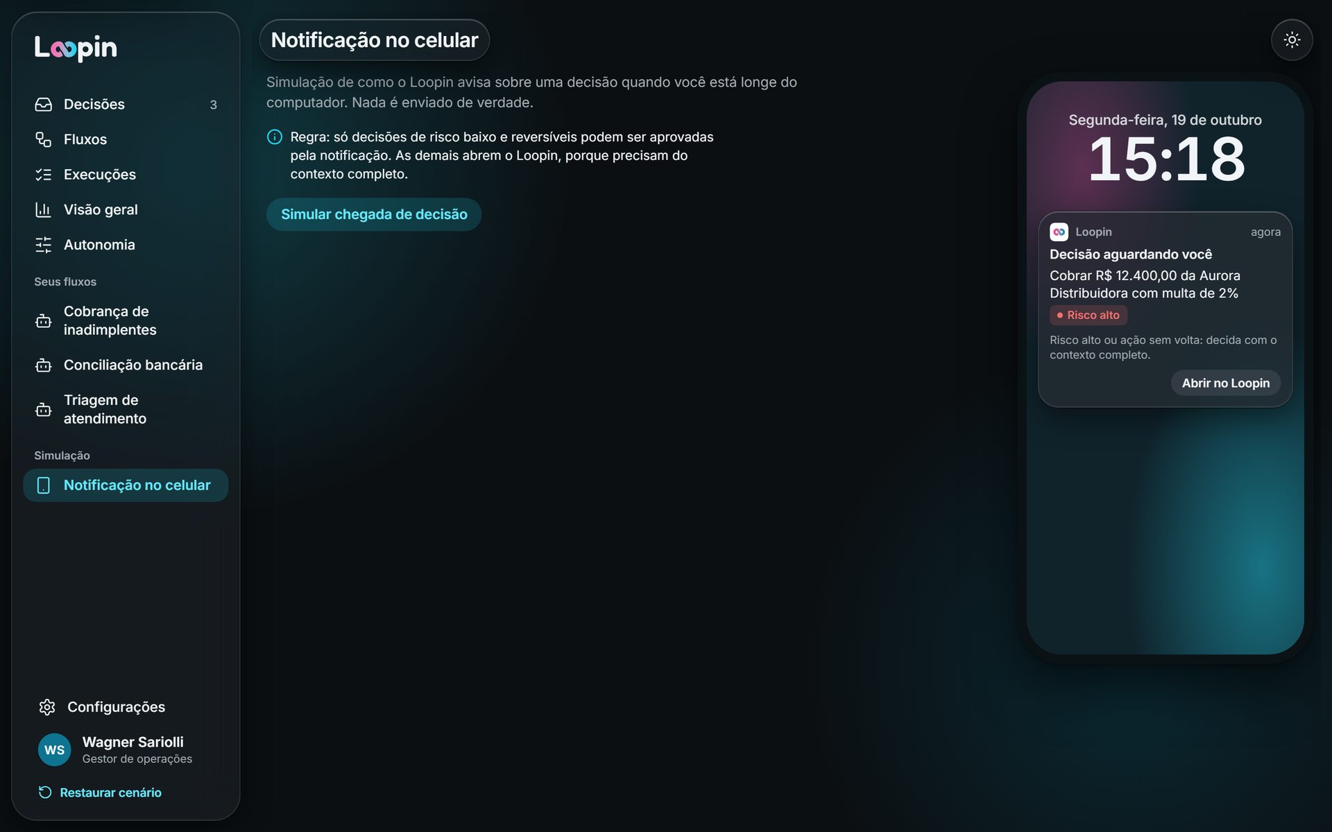 Notificação de uma decisão na tela de bloqueio do celular, com o risco e o botão para abrir no Loopin