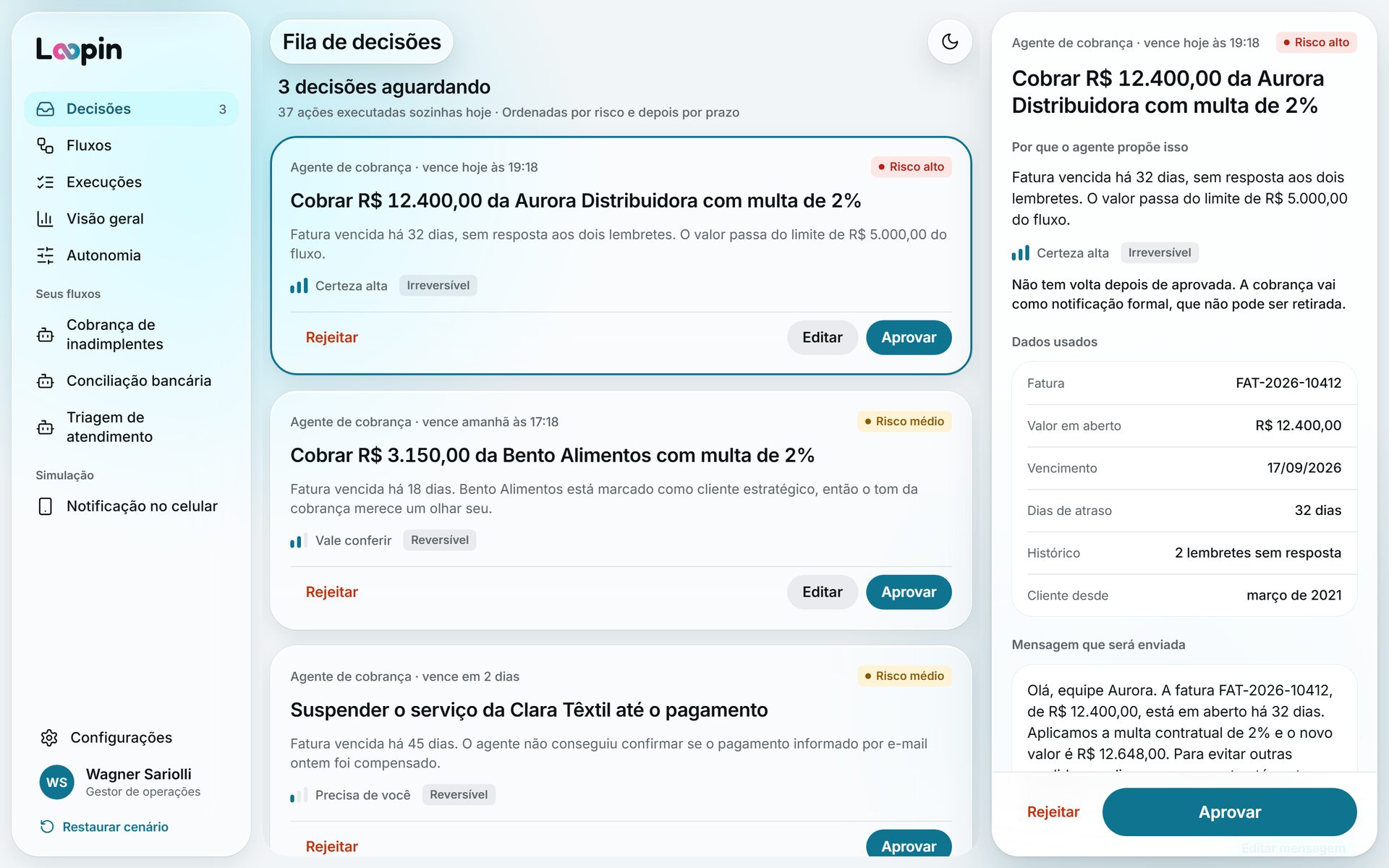 Fila de decisões do Loopin no tema claro