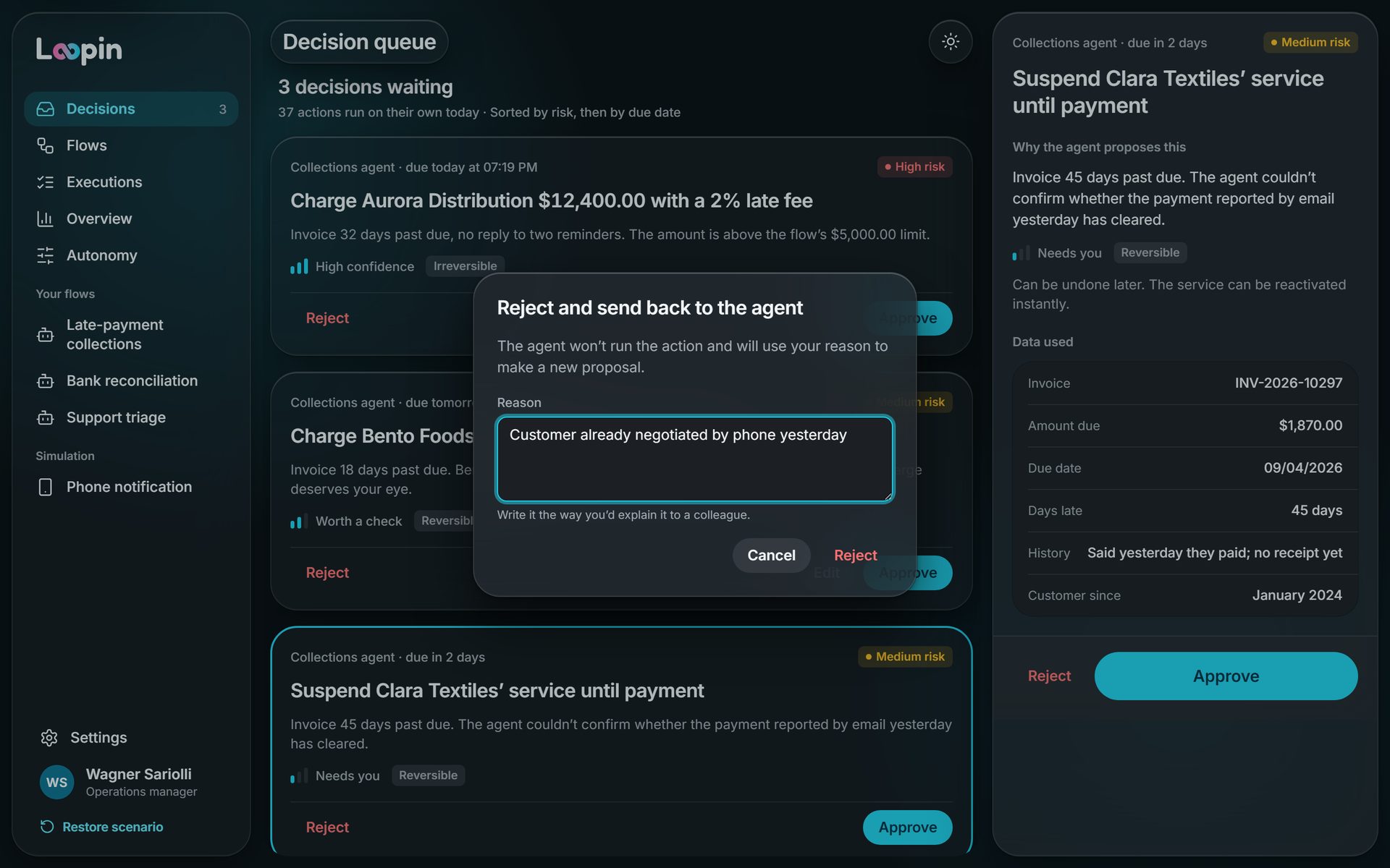 Dialog to reject and send back to the agent, with the reason written