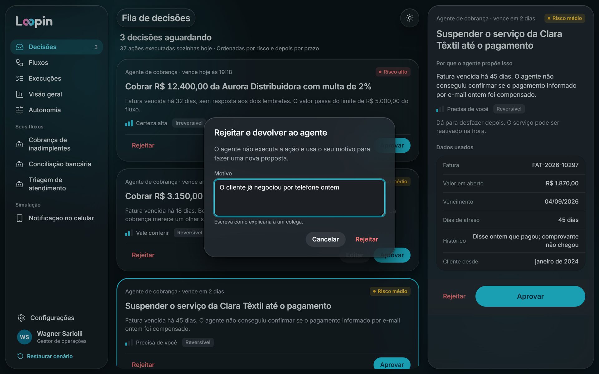 Janela para rejeitar e devolver ao agente, com o motivo escrito