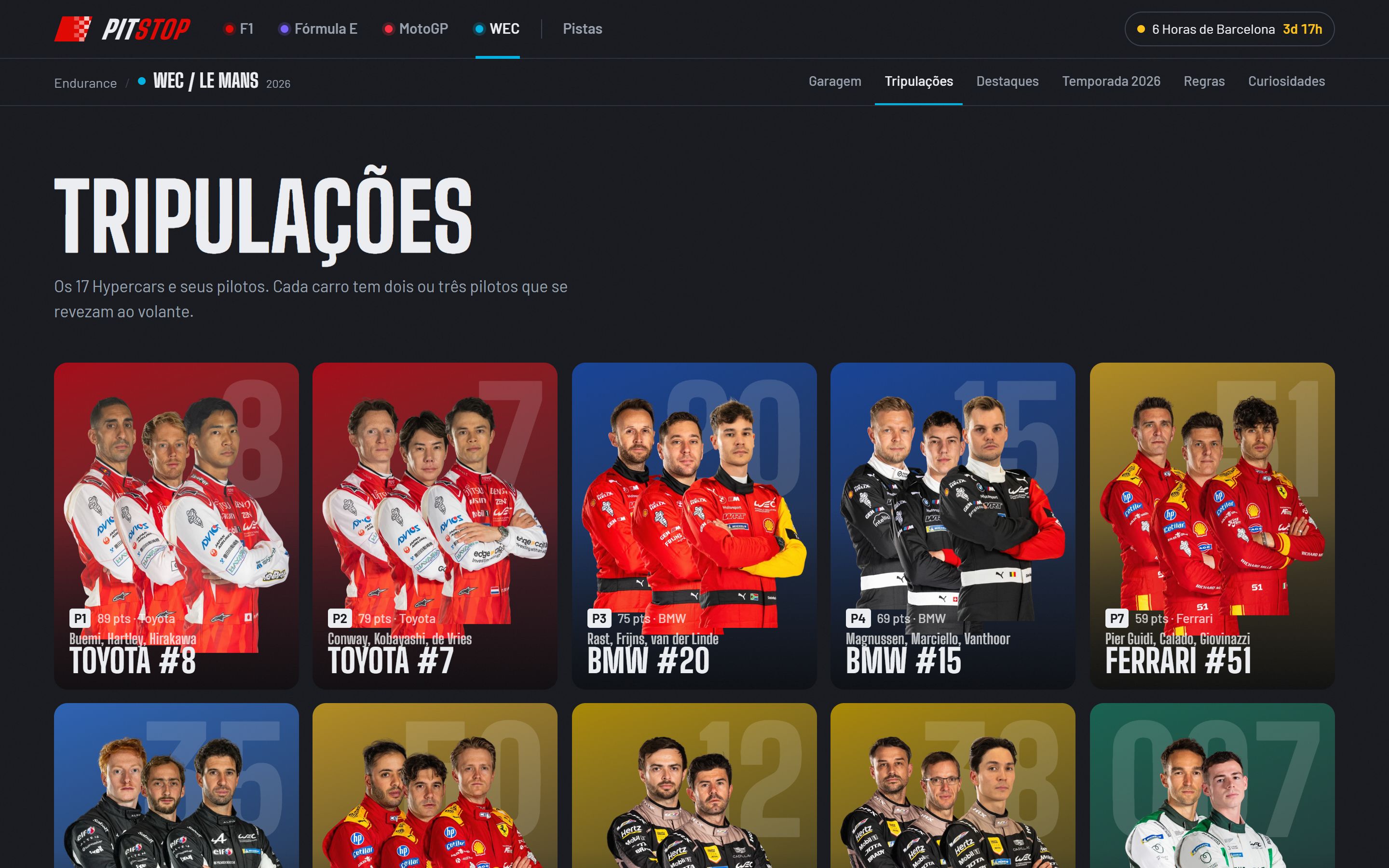 Tripulações do WEC em cards, cada um com os três pilotos de um carro