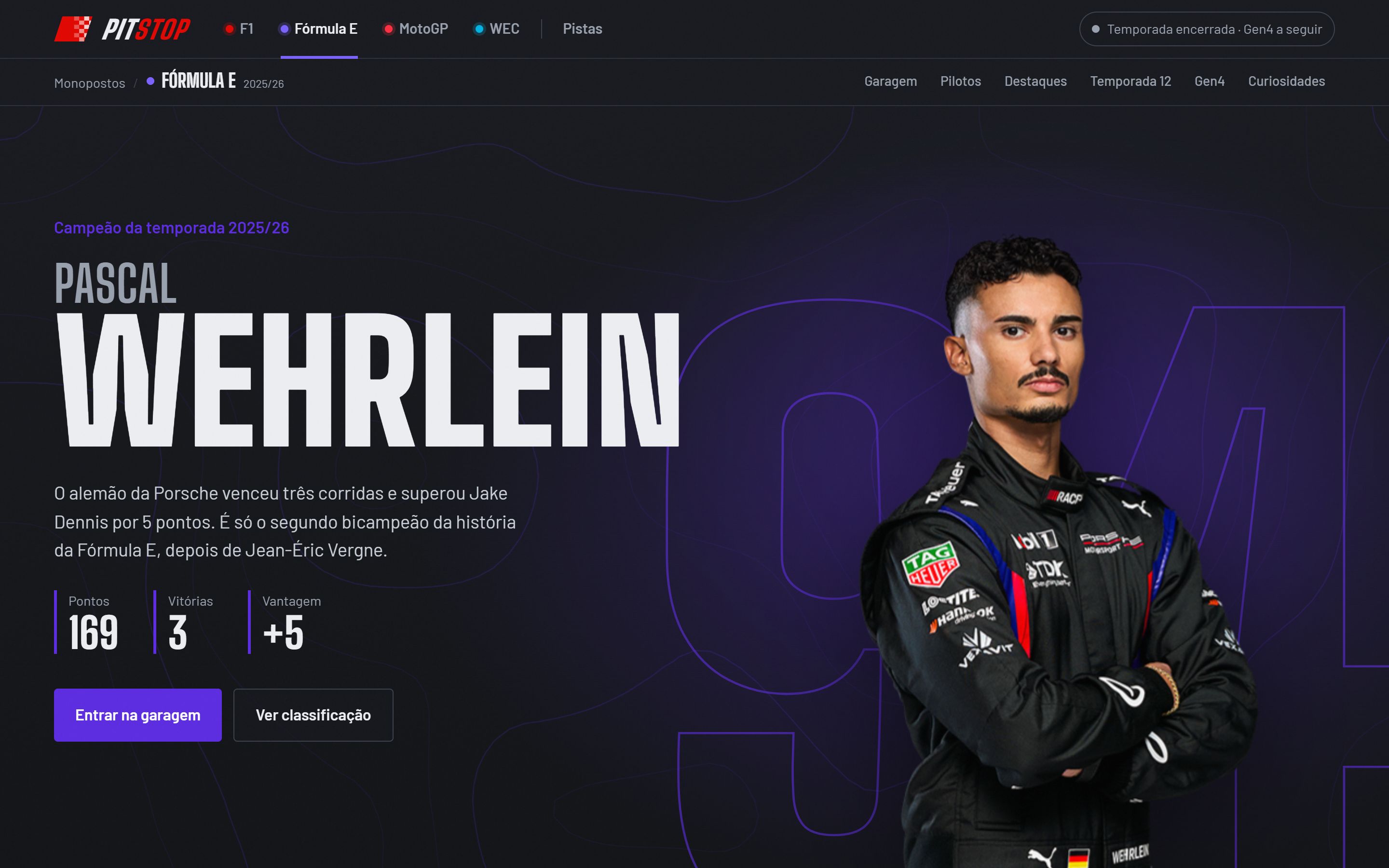 Página da Fórmula E, com o campeão Pascal Wehrlein em roxo, a cor da categoria
