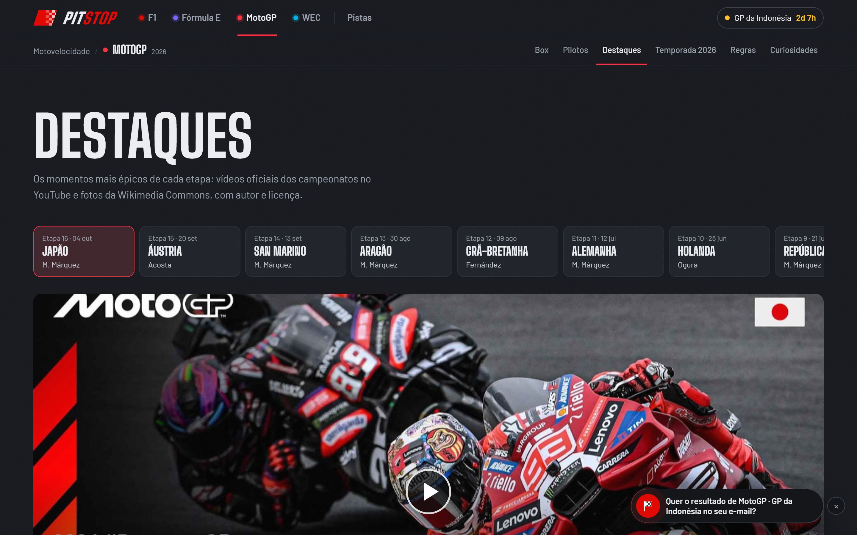 Destaques da MotoGP, com as etapas em abas e o vídeo oficial da corrida