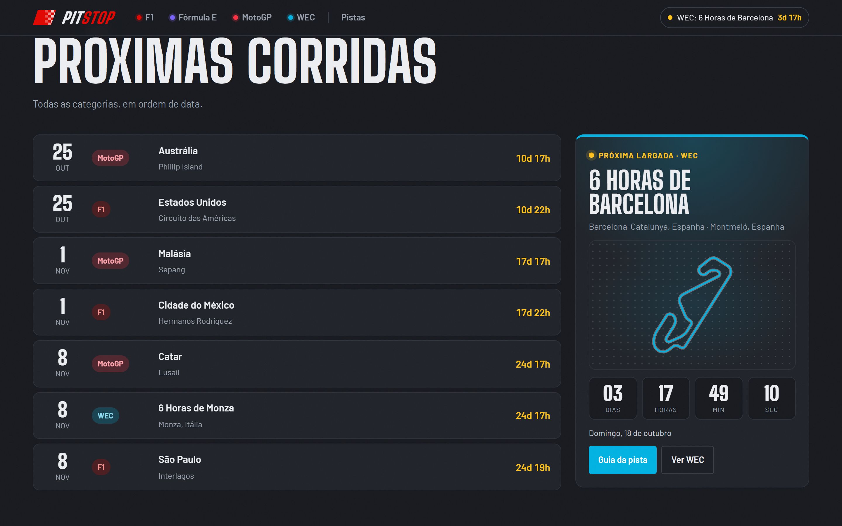 Próximas corridas de todas as categorias, com a contagem regressiva para a próxima largada