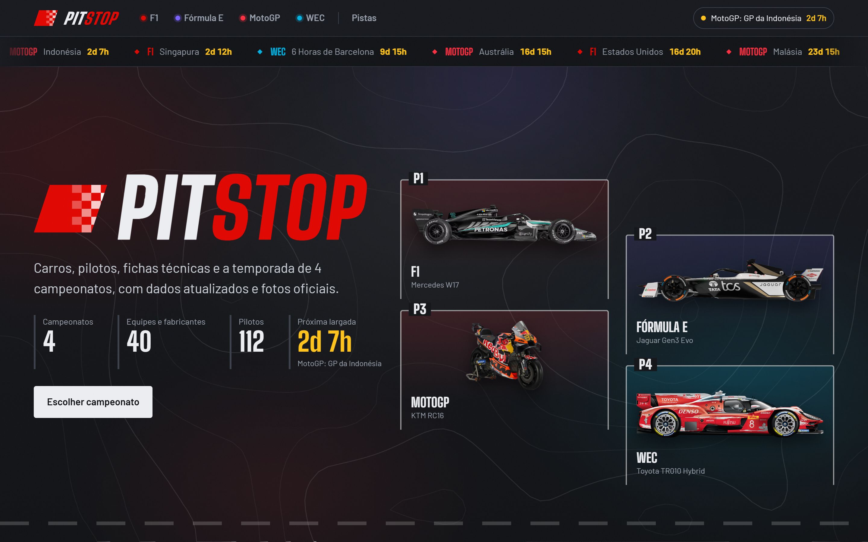 Página inicial do Pitstop, com o logo e os carros dos quatro campeonatos