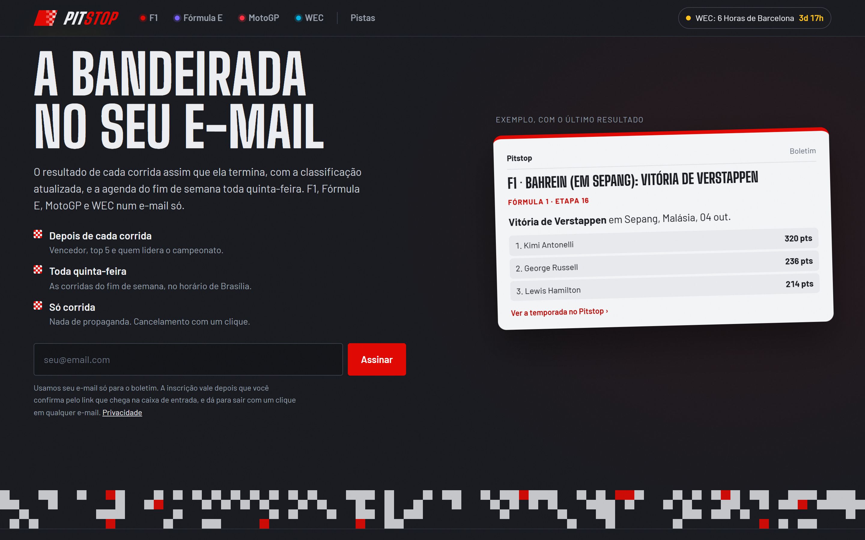 Inscrição no boletim do Pitstop, com um exemplo do e-mail de resultado de uma corrida