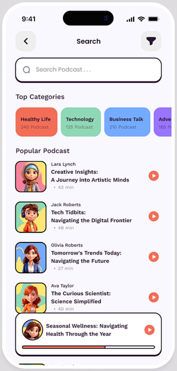 Tela de busca do aplicativo Podcast, com o campo de busca, as categorias, a lista de podcasts populares e o mini player