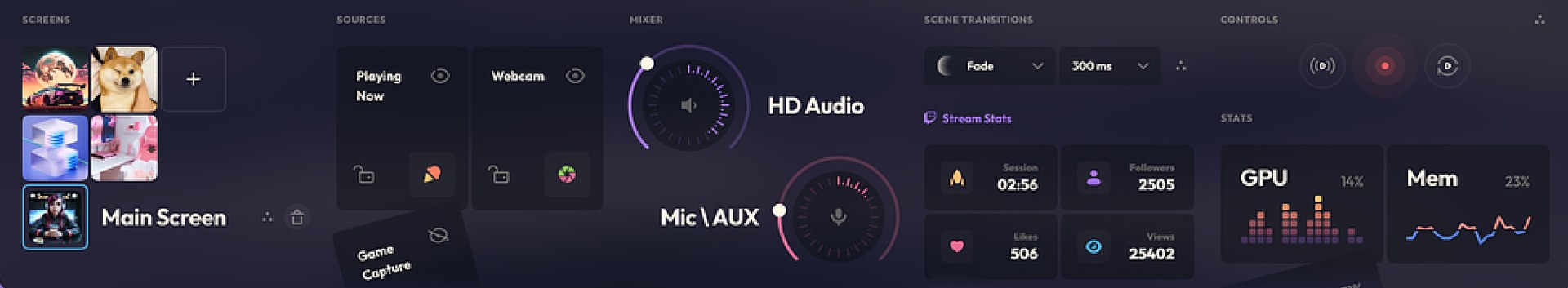 Parte inferior da janela do Stream, com telas, fontes, mixer de áudio, transições de cena, controles e estatísticas