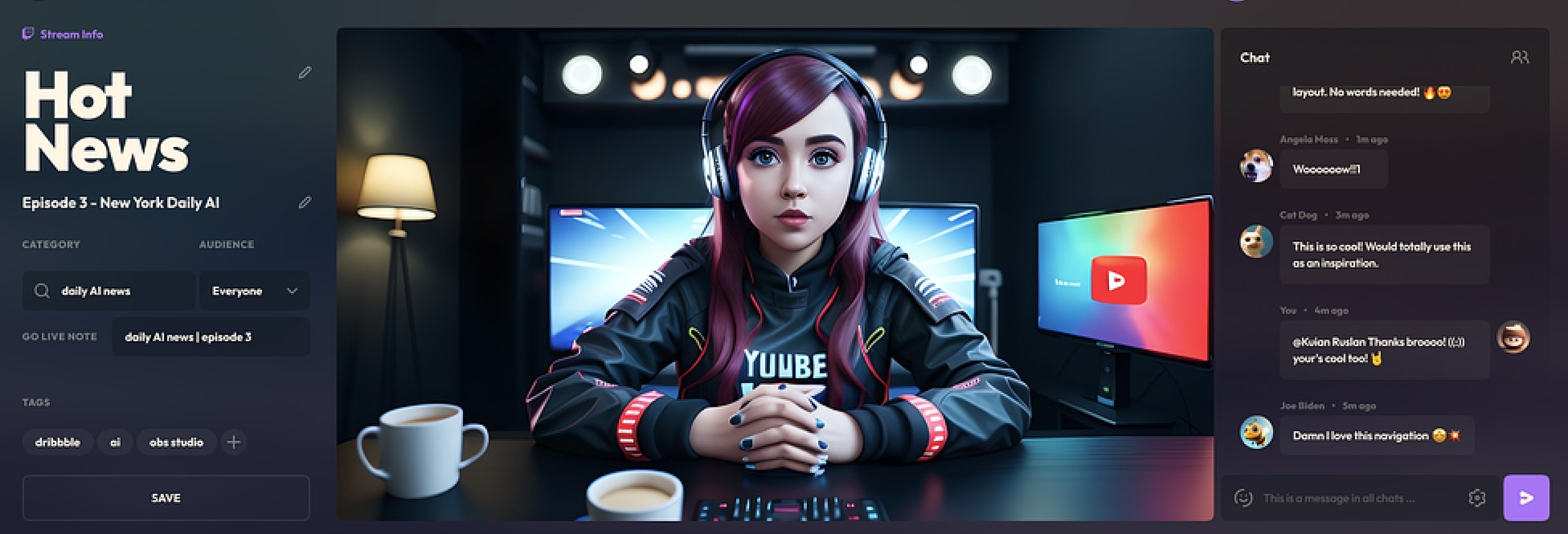 Parte superior da janela do Stream, com as informações da transmissão, a pré-visualização do vídeo e o chat