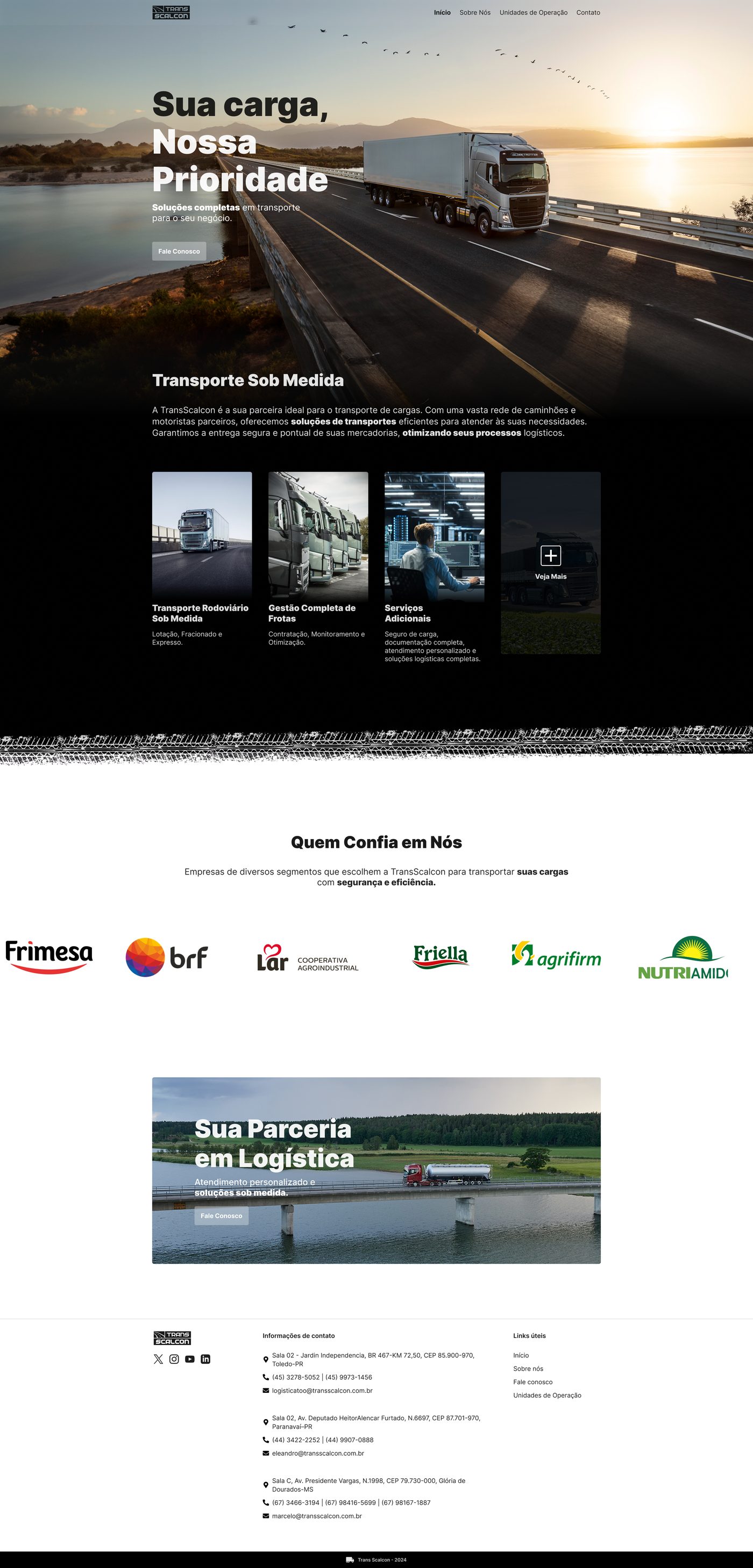 Home page completa do novo site da Trans Scalcon, do topo com a frase 'Sua carga, nossa prioridade' até o rodapé com os contatos das unidades