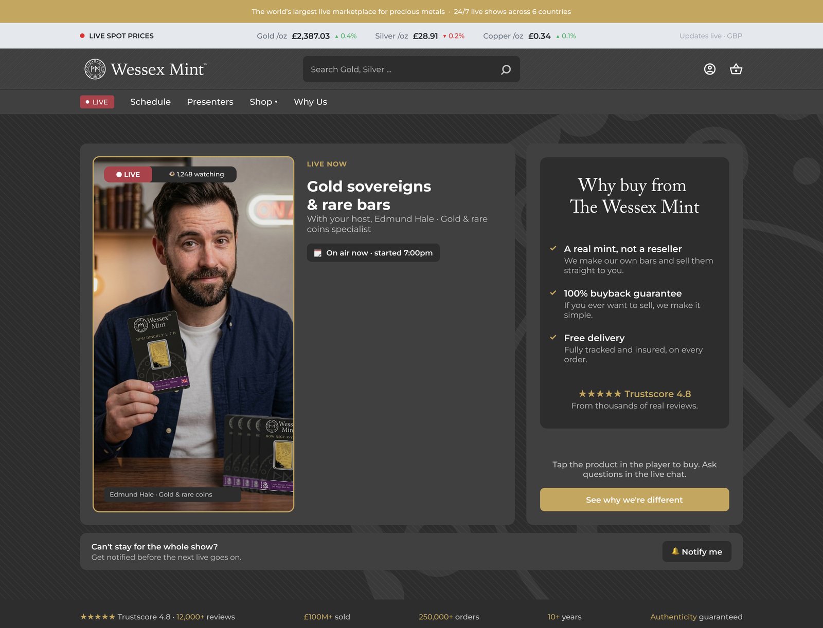 Home da Wessex Mint com transmissão ao vivo em destaque e principais garantias da marca