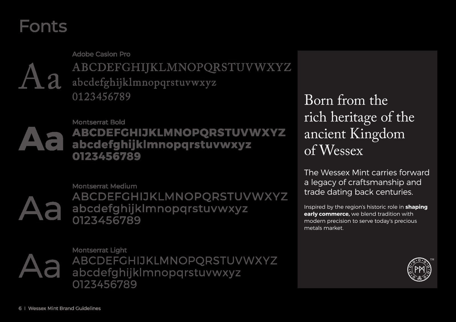 Página de tipografia do guia de marca da Wessex Mint, com as fontes Adobe Caslon Pro e Montserrat