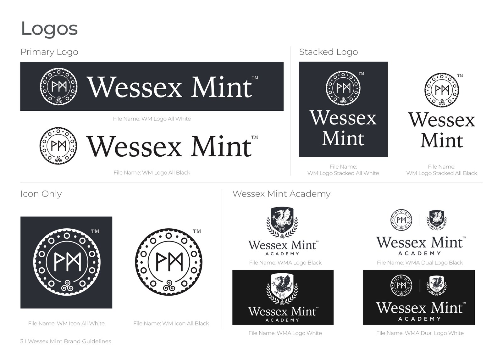 Página de variações de logotipo do guia de marca da Wessex Mint, incluindo a submarca Wessex Mint Academy