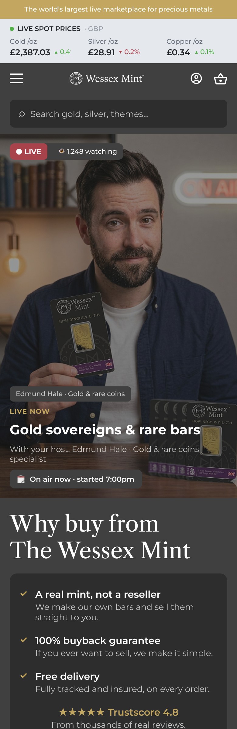 Home da Wessex Mint em mobile, com transmissão ao vivo e garantias da marca