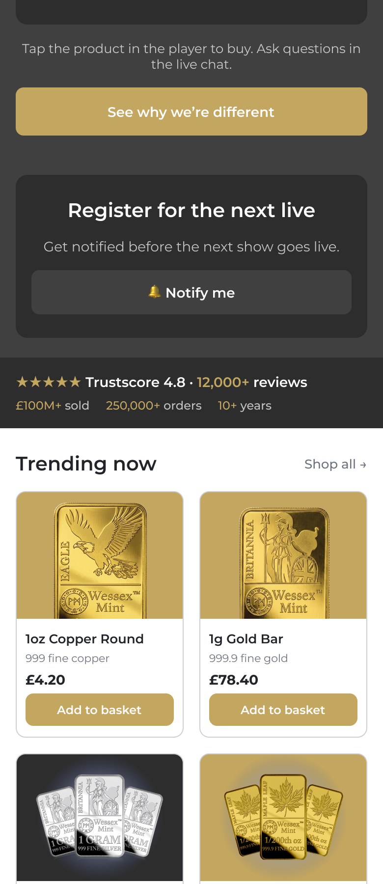 Prova social e catálogo de produtos da Wessex Mint em mobile